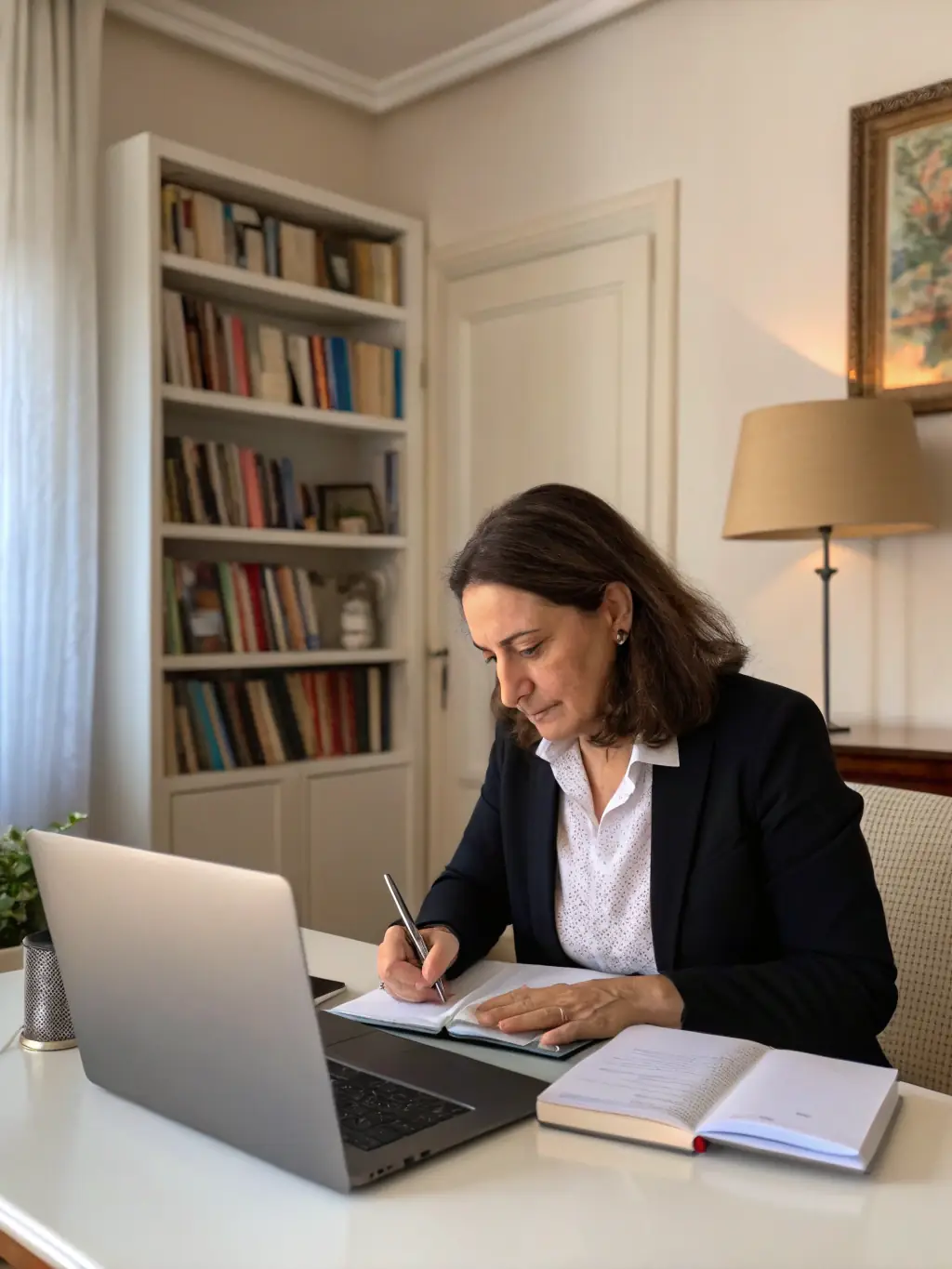 A focused individual working at a desk, surrounded by books and healthy snacks, symbolizing enhanced cognitive function and mental clarity through science-backed nutrition.