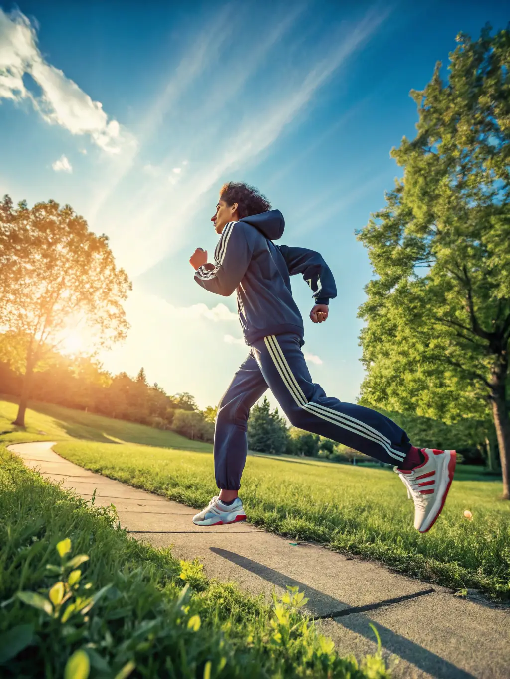 A person happily engaging in physical activity, such as running or yoga, showcasing increased energy levels and vitality resulting from a well-nourished body.