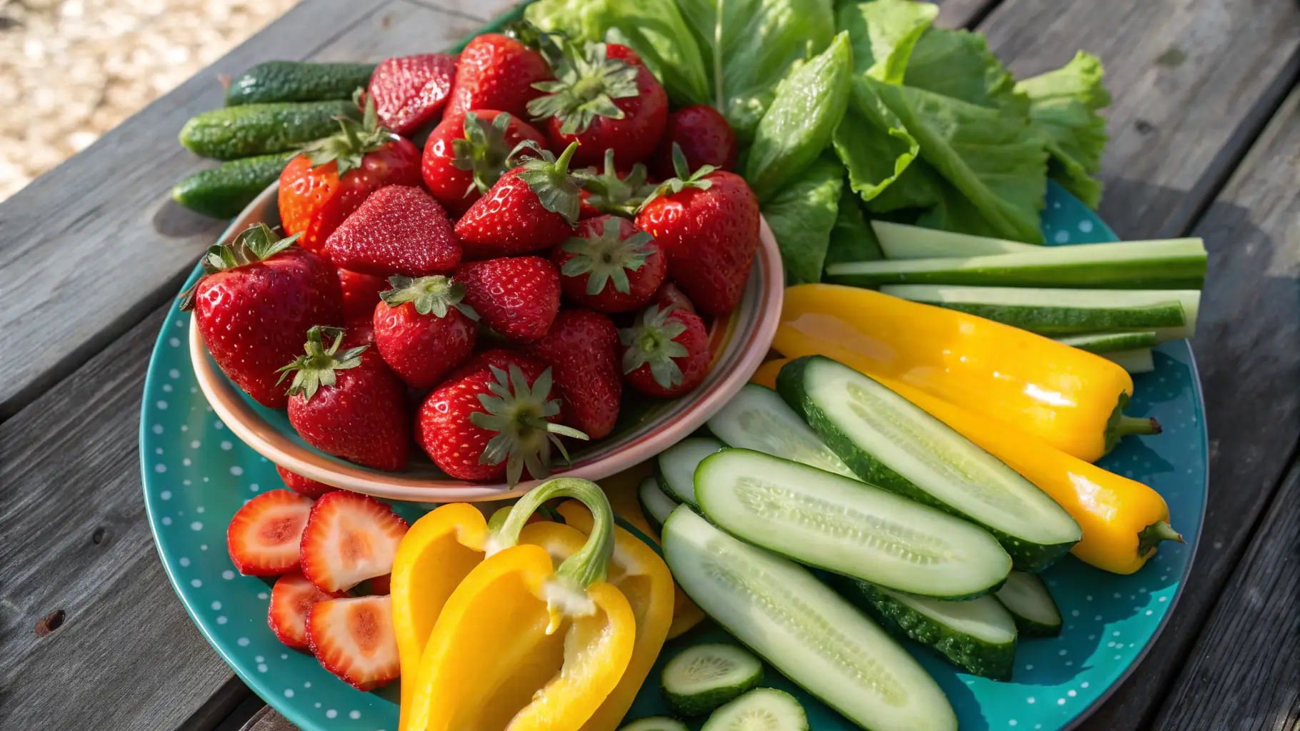 A close-up shot of a vibrant, colorful plate filled with a variety of fresh fruits and vegetables, highlighting the importance of a balanced diet.