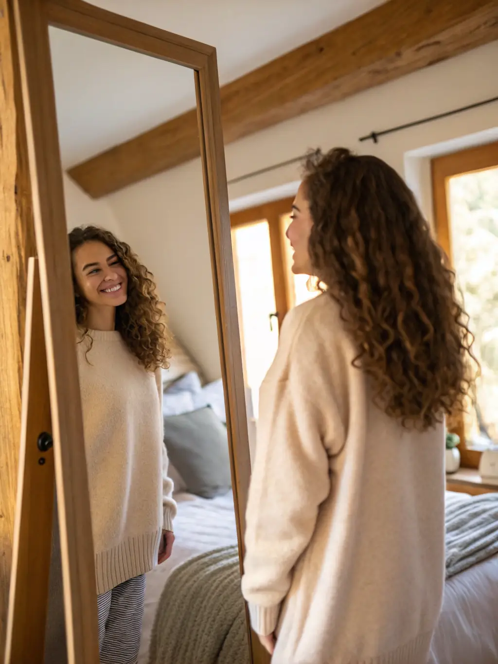 A person smiling confidently while looking in a mirror, representing improved mood and emotional well-being through a balanced and nutritious diet.