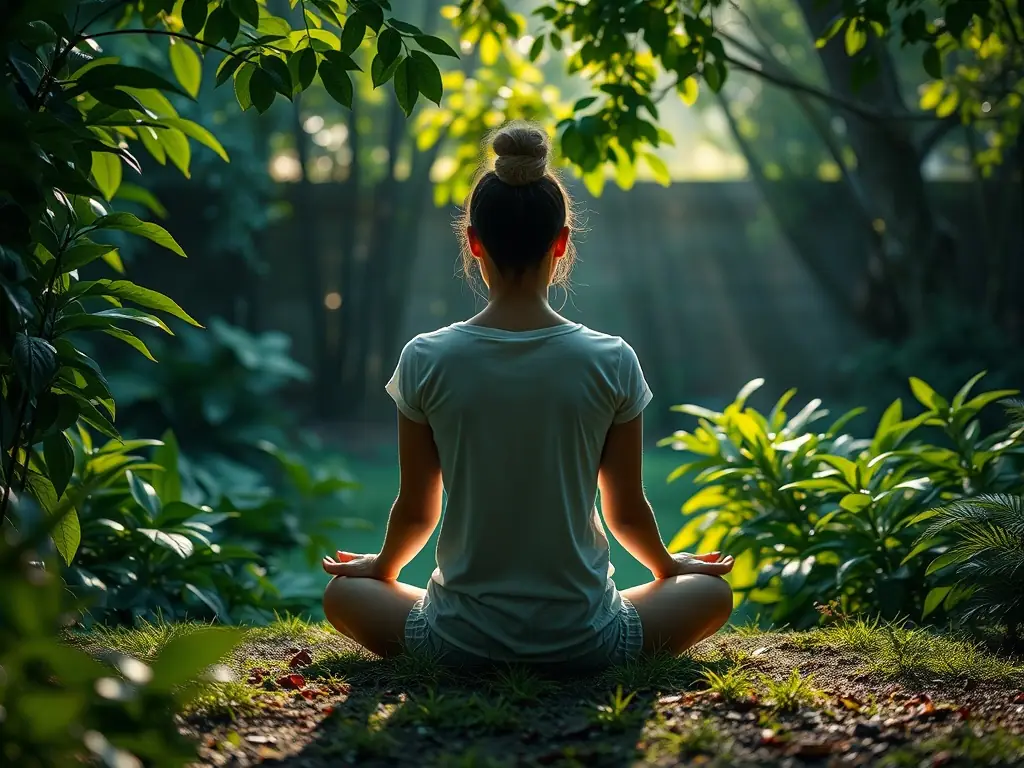 A person meditating peacefully in a serene environment, representing the emotional benefits of exercise. The scene is calm and inviting, with soft lighting.