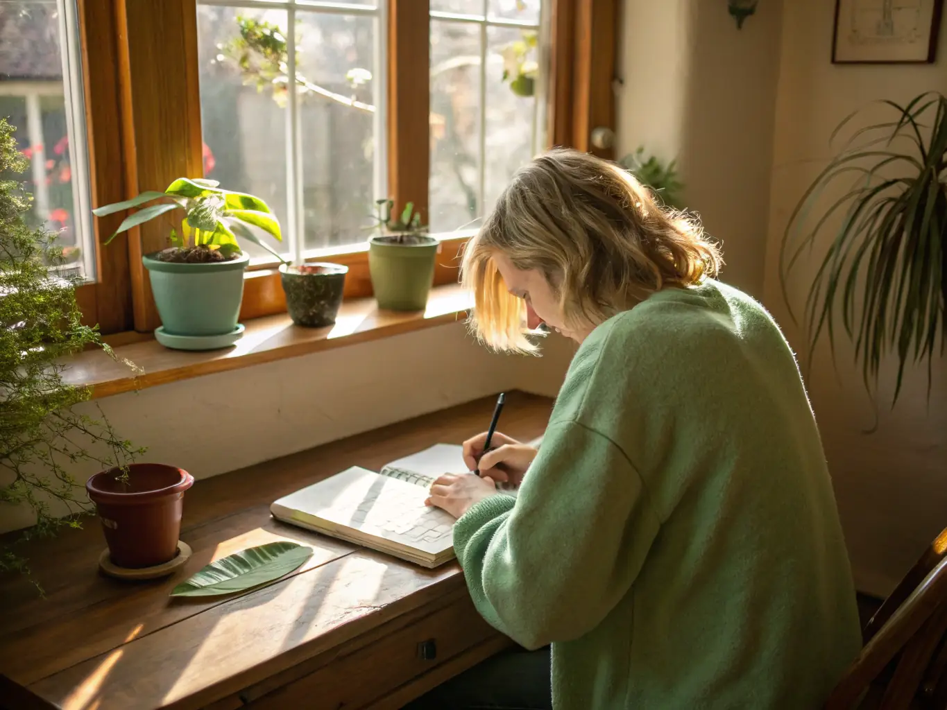 A person journaling or reflecting, with visual cues representing improved emotional regulation and self-awareness.