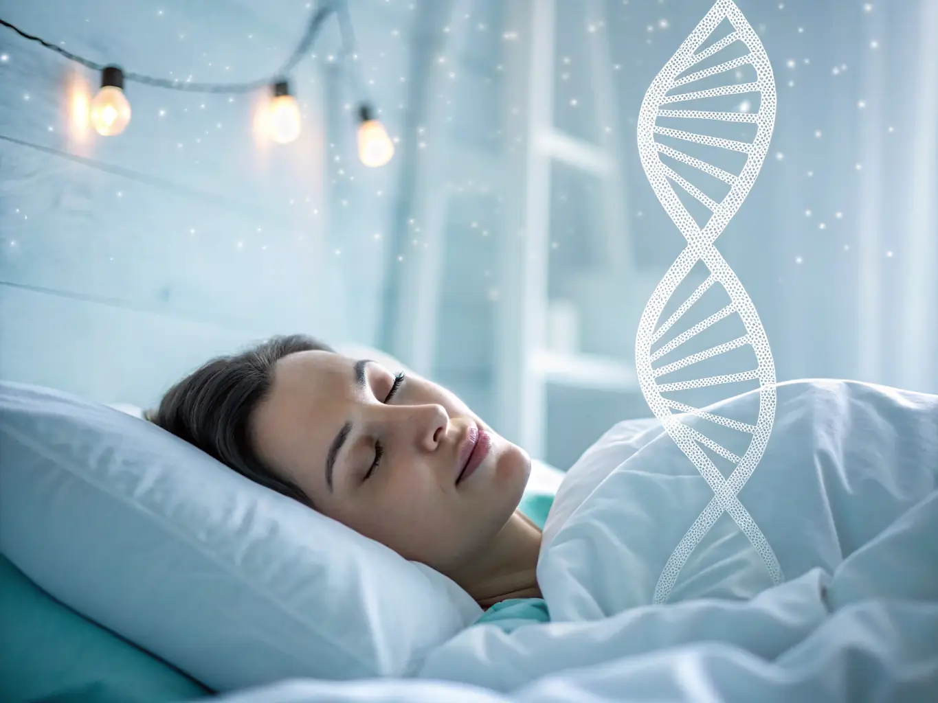 An image showing a person sleeping peacefully, surrounded by symbols of physical recovery such as muscle repair icons and energy replenishment graphics.