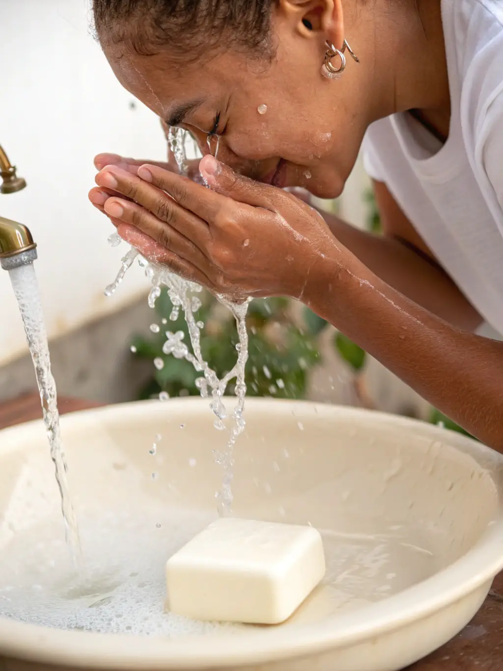 A close-up shot of hands washing with soap under running water, emphasizing the microscopic organisms being washed away, in a brightly lit bathroom.