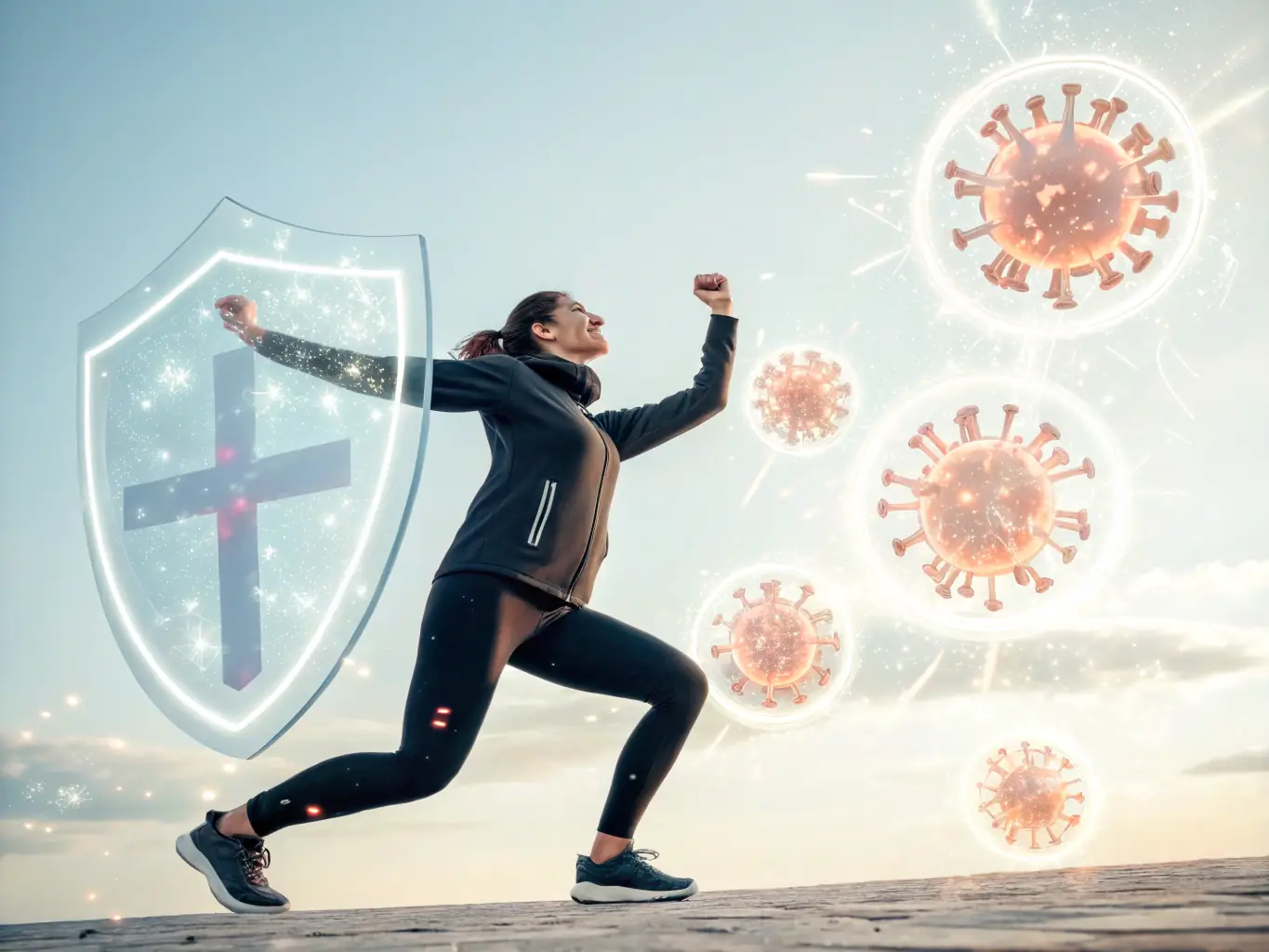 A visual representation of the immune system being strengthened during sleep, with cells actively fighting off pathogens and inflammation, set against a backdrop of a sleeping person.