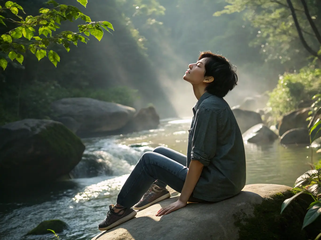 A person practicing deep breathing exercises outdoors, with a visual representation of stress hormones decreasing.