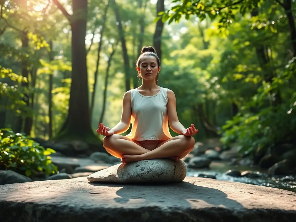 A person meditating in a serene environment, sunlight filtering through trees, symbolizing improved focus and reduced stress through mindfulness practices.