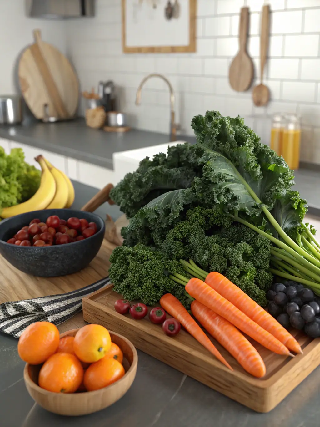 A vibrant image of a diverse plate filled with colorful fruits and vegetables, representing the variety and abundance of nutrients in a balanced, evidence-based diet. The setting is a bright, modern kitchen, emphasizing health and well-being.